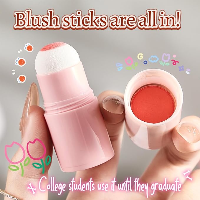 O'CHEAL Powder Blush Stick for Cheek and Eyes, Soft and Blendable Natural Flush, Long-Lasting Dewy Blusher Makeup, Buildable Glow for Face,Multi-Use Blush 02