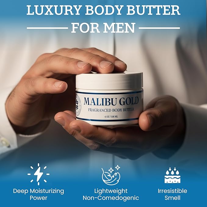 Cologne Body Butter for Men & Malibu Gold Sensual Scent Roller - Infused Shea Butter & Avocado Butter w/ Sunlit Citrus, Vanilla Caramel & Amberwood All-Day Fragrance, Moisturizing Vitamin E 4oz (1)