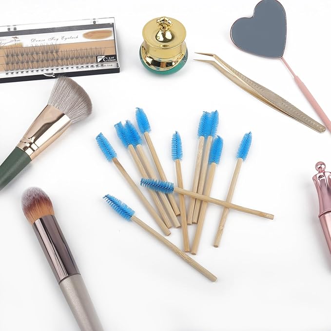 MyAoKuE-UP 100 Pack Bamboo Handle Mascara Wands Disposable Eyelash Brushes Lash Extension Tool, Blue
