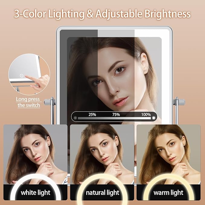 FASCINATE 5000mAh Rechargeable Wall Mounted Makeup Mirror, 8.7" Double Sided Touch Switch 1X/30X Rectangle Wall Mounted Magnifying Mirror with Light, 3 Color Setting, Extended Arm 360° Swivel Foldable