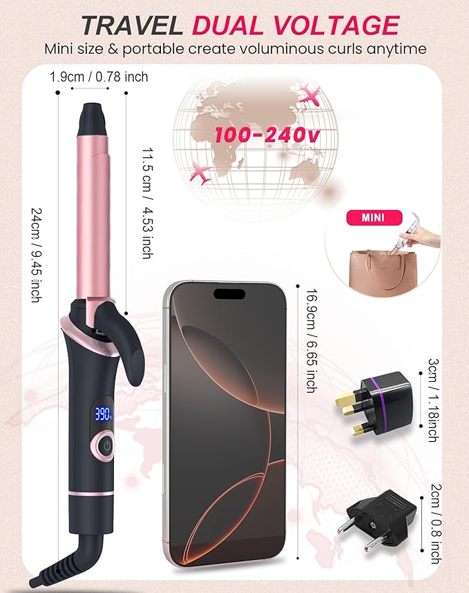 Mini Curling Iron for Short Hair Dual Voltage with European UK Plug Adapter Ceramic Travel Small Curling Iron 3/4 Inch Barrel Curler with Professional 30S Fast Heating, 5 Temps for Global Travel