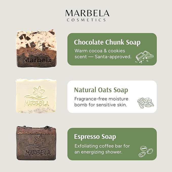 Marbela Cosmetics Santa’s Cookies Handmade Soap Gift Box – Chocolate Chunk, Natural Oats & Espresso Palm Oil Free, Natural Bar Soaps Gentle Face & Body Soaps for Daily Skin Care, Made in USA, Vegan