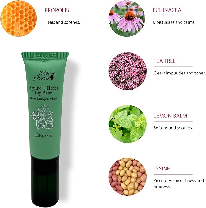 100% PURE Lysine + Herbs Healing Lip Balm Natural Soothing Nourishment for Sore, Cracked, Chapped,or Irritated Lips - Natural Dry Lip Hydration Therapy for Women & Men