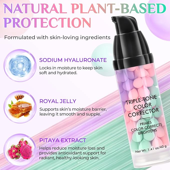 Primer for Face Before Makeup, 3 In 1 Face Primer Triple-Tone Color Corrector for Isolation, Smoothing Skin Gripping,Moisturizes-Sunscreen Cream SPF50+