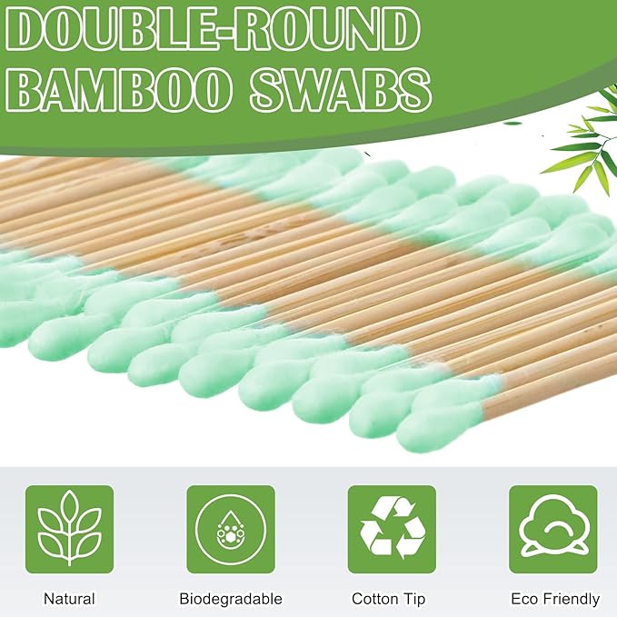 5000 Count Bamboo Cotton Swabs Double Buds Organic Cotton Swabs with Tips for Ears Sterile Tipped Applicator Makeup Swab Daily Makeup Eye Cleaning(Round,Green)