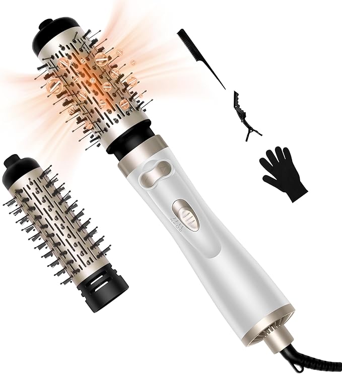 Hair Dryer Brush, 3-in-1 Rotating Round Hot Air Spin Brush Set with 2 Brushes (2" & 1.5"), Negative Ionic Blow Volumizer, 2 Detachable Auto-Rotating Curling Brush 100-120V (White Gold)