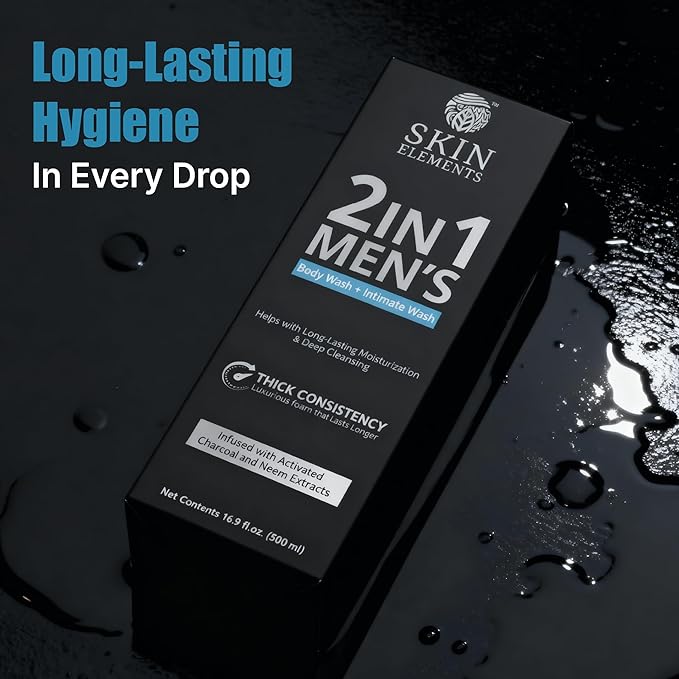 Skin Elements 2-in-1 Body Wash & Intimate Wash for Men| Deep Cleansing Shower Gel| Infused with Activated Charcoal & Neem Extracts| Thicker Consistency| Controls Odor| For All Skin Types | 16.9 fl oz