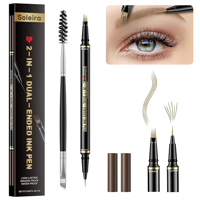 Waterproof Eyebrow Pencil with 4 Tip Microblading Pen and Dual-ended Brush, for Natural-Looking Brows, Long-Lasting, Blonde