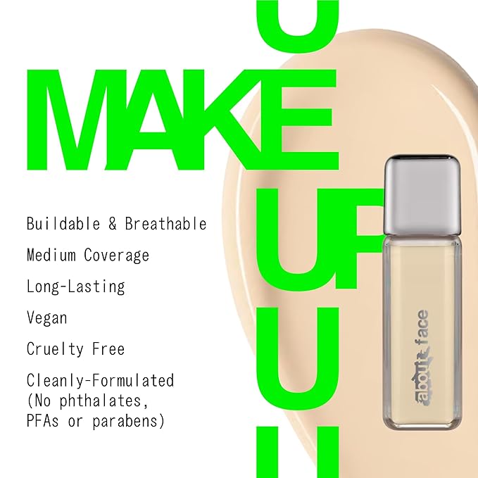 about-face THE PERFORMER Skin-Focused Foundation F2Olive – Medium Coverage, Long-Wear, Breathable & Buildable Base – Clean, Vegan, Hydrating Formula with Blue Agave & Chlorella – 1.08oz