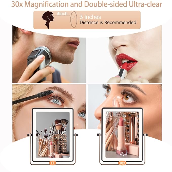 FASCINATE 5000mAh Rechargeable Wall Mounted Makeup Mirror, 8.7" Double Sided Touch Switch 1X 30X Rectangle Wall Mounted Magnifying Mirror with Light, 3 Color Setting, Extended Arm 360° Foldable Bronze