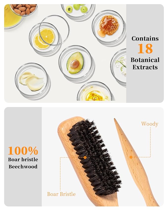 Slick Back Hair Brush, Hair Wax Stick Set - Boar Bristle Brush for Fine to Medium Hairs - Smooth Flyaways, Frizz & Baby Hairs, Sleek Ponytails Buns Updos