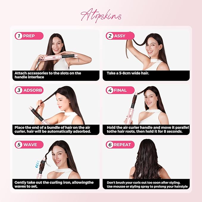 5 in 1 Hair Dryer Brush Set, Hot Air Styler, Detachable Blow Dryer Brush, 3 Heat Settings Auto Curling Wrap Styler, Ionic Hair Styling Tools, Straight Curl Dry Volumiz Smooth (Pink)