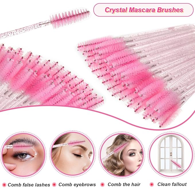 200PCS Disposable Eyelash Extension Kit for Professionals – Lash Spoolie Brushes, Micro Swabs, Mascara Wands, Lip Brushes for Eyelash Extensions, Tattoo, Lipstick Application(Crystal Pink)