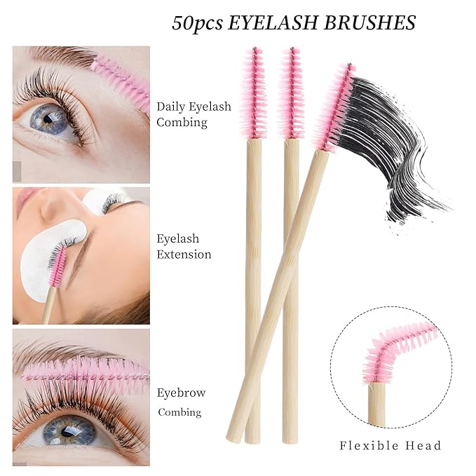 Mekupeu 100 Pcs Disposable Mascara Wands Bamboo Spoolies Brush for Eyelash Extensions Spoolie Eyelash Lash Wand Applicator Makeup Kits, Pink