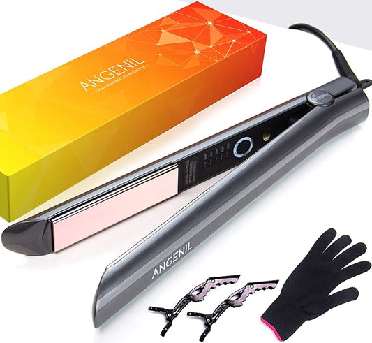 ANGENIL Titanium Flat Iron Hair Straightener and Curler 2-in-1, Professional Flat Iron Curling Iron in One, Dual Voltage Hair Straightening for Women Styling Tools, 30S Fast Heating, (290°F-450°F)