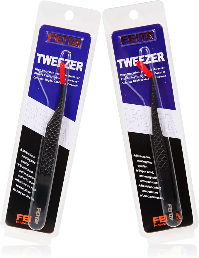 FEITA Diamond Grip Eyelash Extensions Tweezer Lash Precision Tweezers, Japanese Steel Dolphin-shaped & Angled Tip, False Lashes Application Tools, Black 2Pcs