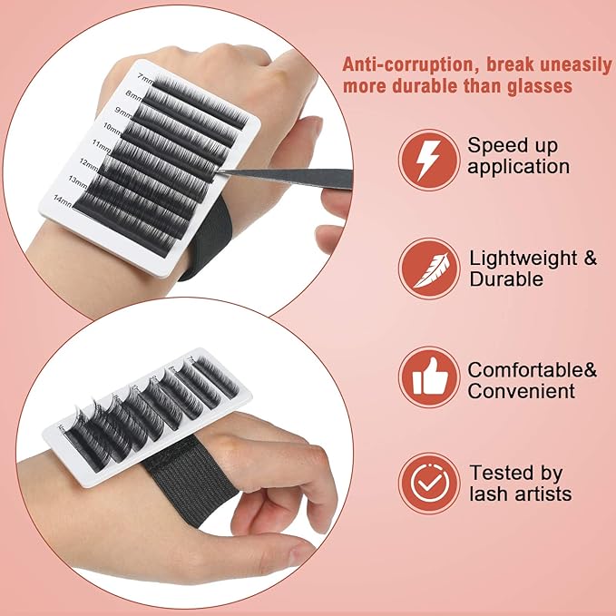 Maitys 6 Pieces Eyelash Extension Hand Plate Lash Holder Eyelash Extension Pallet Stand Holder Tray Tools with Adjustable Wrist Strap Strip for Makeup Lash(7-14 mm)