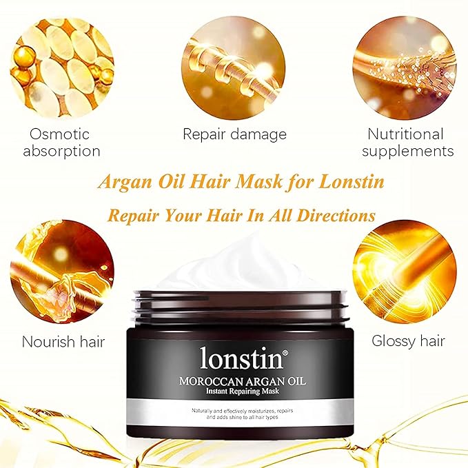 lonstin Hair Treatment Mask, Argan Oil Hair Mask Deep Conditioner Keratin Hair Mask Treatment for Dry Damaged Hair, Anti-Frizz & Split Ends, Hydrating Hair Repair Mask for Men Women, 10.14 Fl Oz