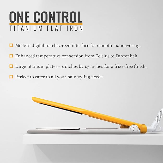 GK HAIR Global Keratin Easy Control Titanium Styling Flat Iron 360 Degree Swivel Cord Auto Shutoff Professional Straightener Digital Touch Screen Large Titanium Plates Adjust 90C-232C - All Hair Types
