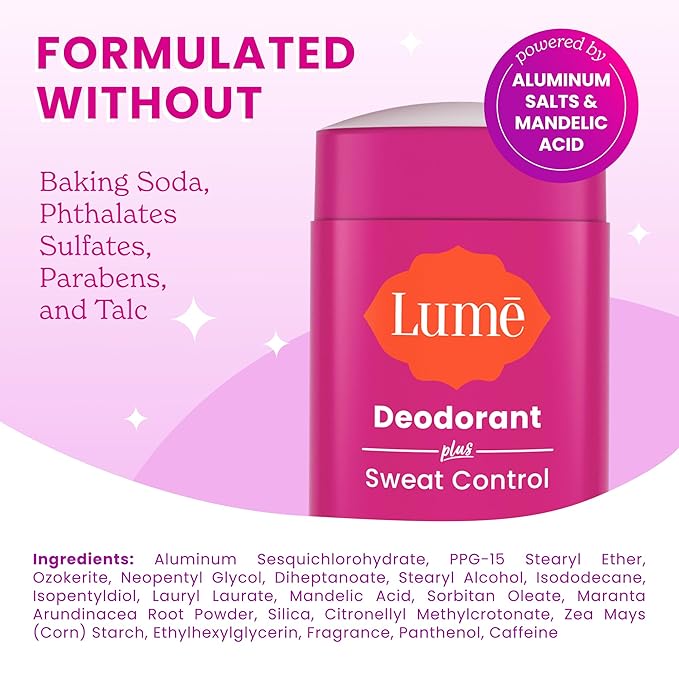 Lume Deodorant Plus Sweat Control - Smooth Solid Stick - Maximum Strength Antiperspirant - 72 Hour Odor And Sweat Control - Baking Soda Free, Skin Loving - 2.6 ounce (Clean Tangerine) Pack of 2