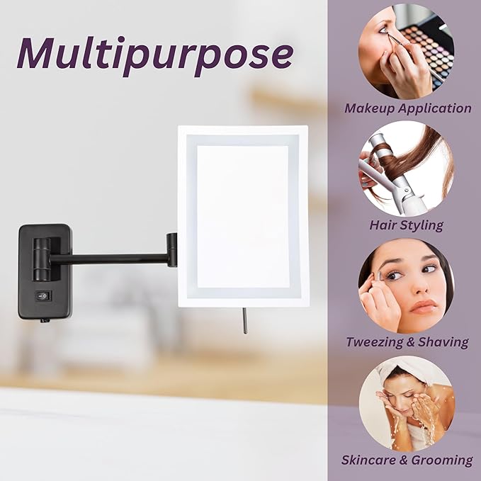 JERDON Rectangular Wall Mount Makeup Mirror - Black Makeup Mirror with 5X Magnification and LED Lights - Direct Wire - Model JRT710BKLD