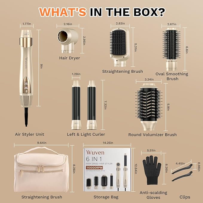 6 in 1 Hair Dryer Brush, 110,000 RPM High-Speed Blow Dryer Brush, No Heat Damage Hair Styler Auto Curler for Fast Drying, Curling, Volumizing, Straightening with Travel Bag
