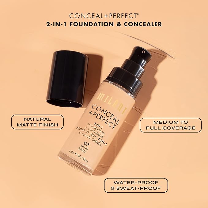 Milani Conceal + Perfect 2-in-1 Foundation + Concealer for a Flawless Complexion, Under Eye Corrector, Cover Redness and Imperfections, Waterproof and Sweatproof - Natural Tan
