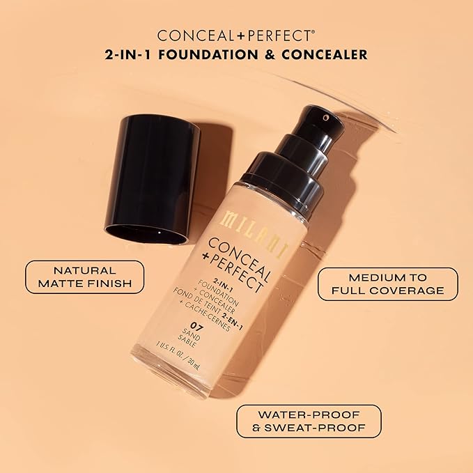 Milani Conceal + Perfect 2-in-1 Foundation + Concealer for a Flawless Complexion, Under Eye Corrector, Cover Redness and Imperfections, Waterproof and Sweatproof - Creamy Natural