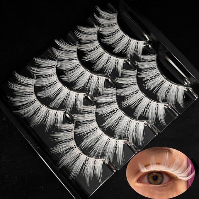 White Eyelashes Halloween & Easter Cosplay White Lashes Thick Fluffy 15MM Can Be Trimmed Fake Eye Lashes Extension Tool Costume Party False Eyelashes Stage Performance (MQ1-5Pairs)