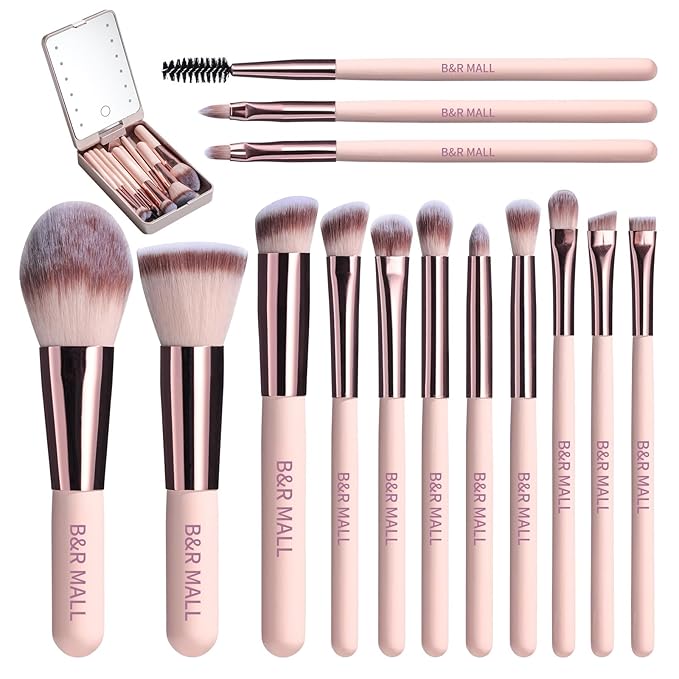 B&R MALL Premium Makeup Brush Set with LED Mirror – Supper soft Brushes for Flawless Foundation, Concealer, Eyeshadow & More | Lightweight, Versatile, Perfect for On-the-Go Touch-Ups (Champagne Gold)