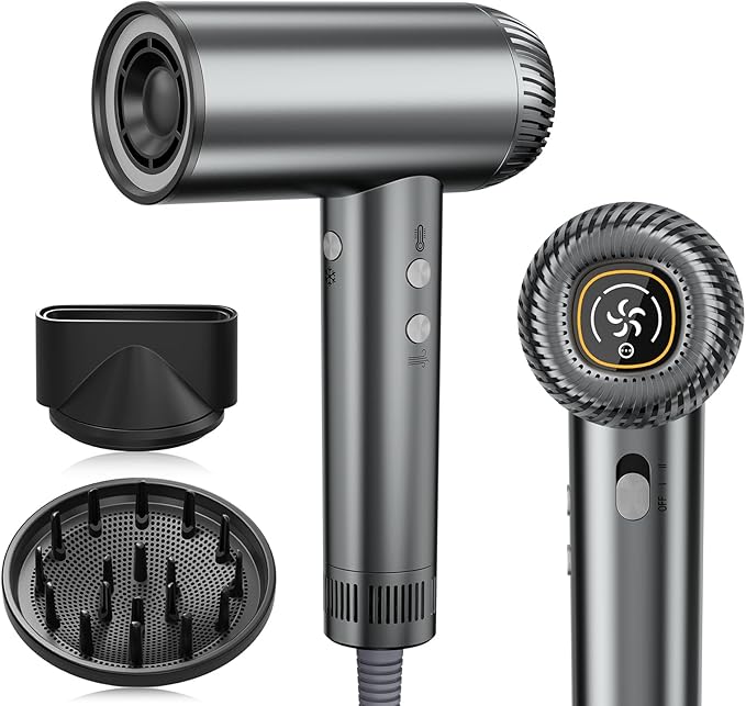 2025 Updated Hair Dryer, 200000 RPM High Speed Blow Dryer with Diffuser for Women, 1000 Million Ionic Hair Dryer with Brushless Motor, Low Noise Hair Blow Dryer for Curly Hair Dog Salon Travel, Gray