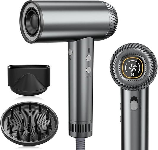 2025 Updated Hair Dryer, 200000 RPM High Speed Blow Dryer with Diffuser for Women, 1000 Million Ionic Hair Dryer with Brushless Motor, Low Noise Hair Blow Dryer for Curly Hair Dog Salon Travel, Gray