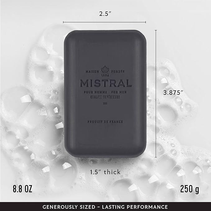 Mistral Black Amber Luxury Bar Soap for Men | Men’s Natural Soap Bar | Paraben, Phthalats Free | Moisturizing & Triple-Milled Natural Soap for Men - Made in France | Large, 8.8 oz