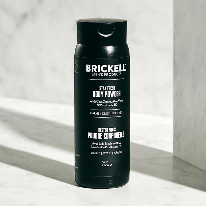 Brickell Men's Products Stay Fresh Body Powder for Men, Natural and Organic Talc-Free, Absorbs Sweat, Keeps Skin Dry, Unscented, 5 oz