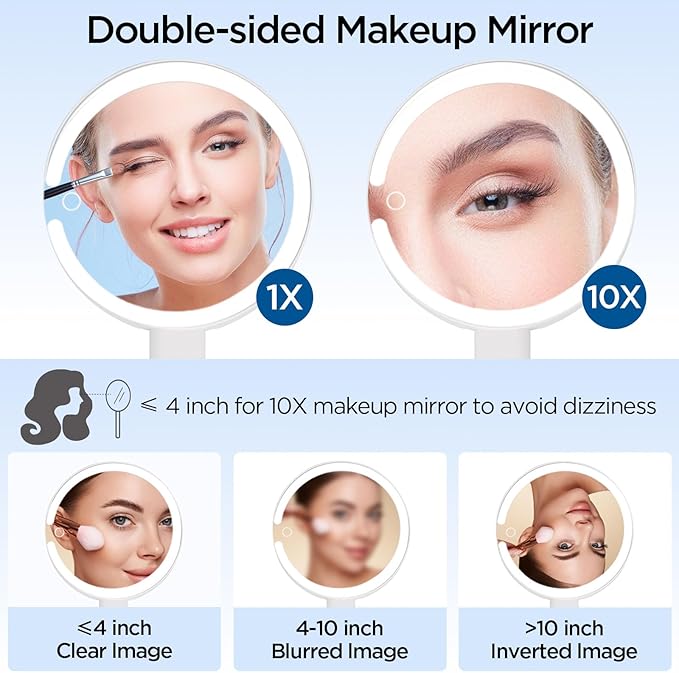Portable Travel Makeup Mirror with Lights - 3 Color Dimmable Lights, 360° Rotation, Rechargeable Double-Sided 1X/10X Magnifying Mirror, Adjustable Brightness for Tabletop, Home & On-the-Go Use