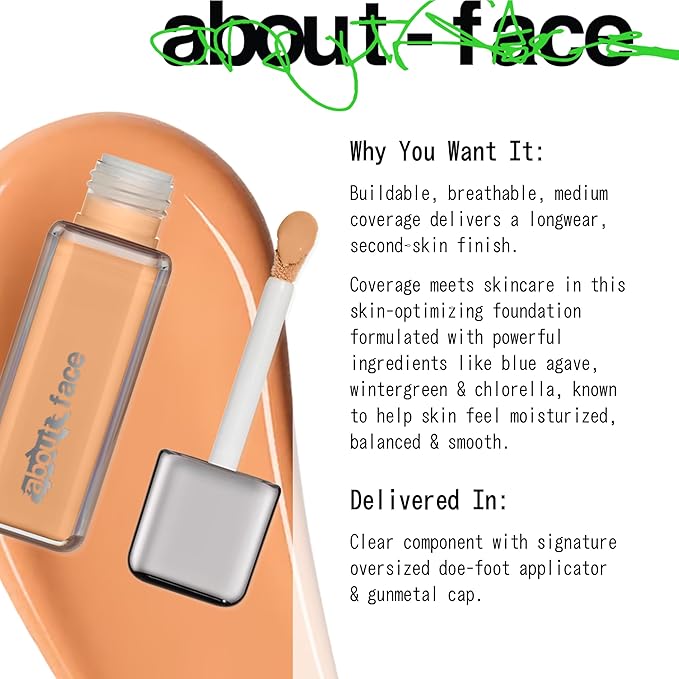 about-face THE PERFORMER Skin-Focused Foundation M1Peach – Medium Coverage, Long-Wear, Breathable & Buildable Base – Clean, Vegan, Hydrating Formula with Blue Agave & Chlorella – 1.08oz