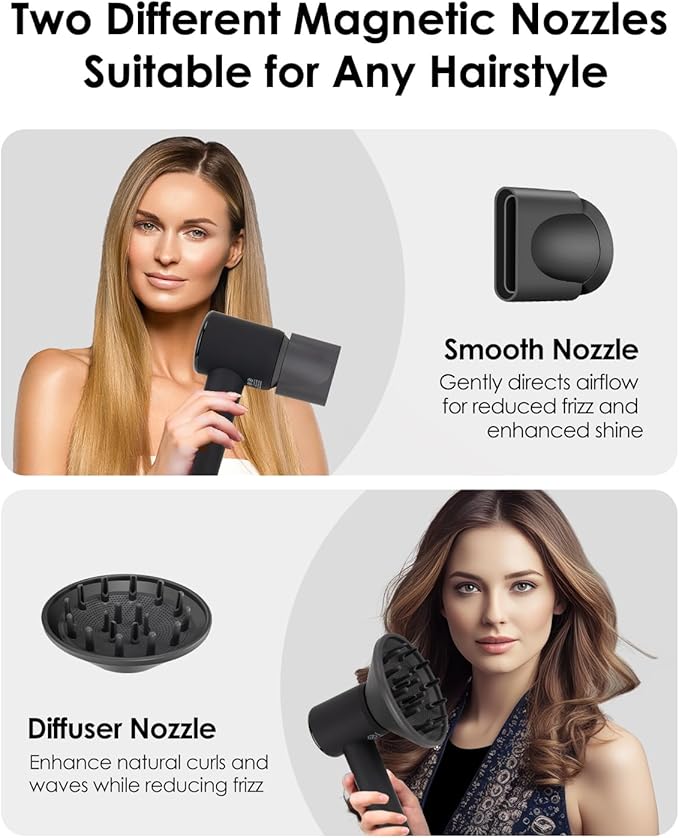 Hair Dryer with Diffuser - Chignon High Speed Mini Blow Dryer, 110,000 RPM Motor, Small Hair Dryer Ionic Smart Temp Control, Magnetic Nozzle, Low Noise, Lightweight, 110V for Fast Styling