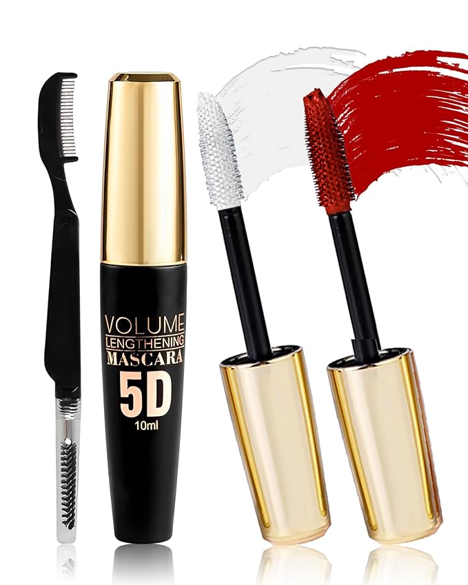 Red White Waterproof Mascara for Eyelash, 5D Silk Fiber Lashes Extension Colored Tube Mascara with Eyelash Brush, Long Lasting Smudge-proof Volumizing Lengthening, Eye Makeup Party Gift for Women