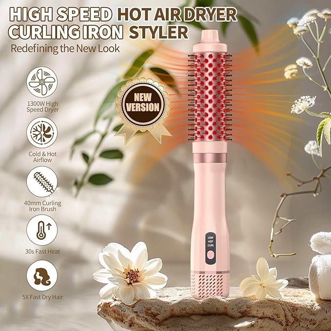 High Speed Thermal Blow Dryer Curling Brush, 110000RPM Hot Air Hair Dryer Volume, 1.57’ Beachy Waver Blowout Brush Hair Styler with Less Frizz, Reduced Heat Damage, More Shine