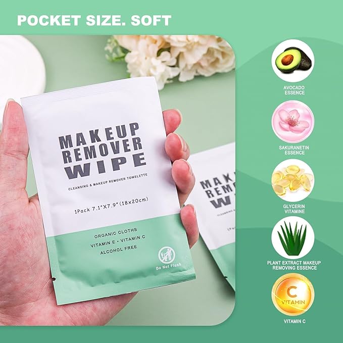 200 Individual Makeup Remover Wipes Bulk,Individually Wrapped Face Cleansing Wipes, Travel Makeup Remover Cloth for Travel Hotel Skin Care Face Cleansing