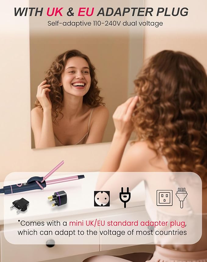Mini Curling Iron for Short Hair Dual Voltage with European UK Plug Adapter Ceramic Travel Small Curling Iron 3/8 Inch Barrel Curler with Professional 30S Fast Heating, 5 Temps for Global Travel