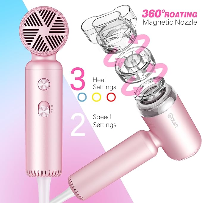 Mini Hair Dryer, High-Speed Blow Dryer with 110,000RPM Brushless Motor, Magnetic Diffuser, Negative Ionic Technology for Fast Drying, Compact & Lightweight for Home & Travel (Pink)