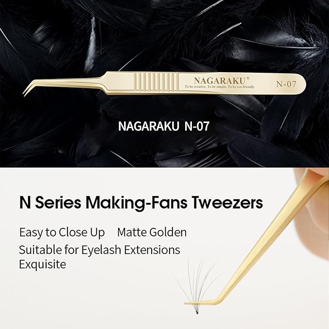 NAGARAKU Tweezers for Eyelash Extensions Gold Curved Angled Volume Cluster Super Light Weight Easy Fanning Tweezers Stainless Steel Precision (N-07)