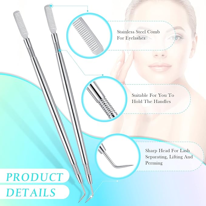 Chumia 2 Pieces 2 in 1 Lash Lift Tool Eyelash Separator Tool with Comb Stainless Steel Metal Lash Perm Lift Rods for Eyelash Eyebrow Comb Perming Tinting Curling Extension Supplies(Silver)