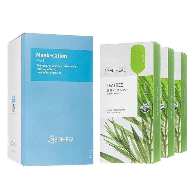 Mediheal Official [Korea's No 1 Sheet Mask] - Tea Tree Essential Blemish Control Mask JUMBO Pack | 30 Masks, 3 x 10 Packs Skin Soothing & Sebum Control Sensitive Oily Korean skin care set
