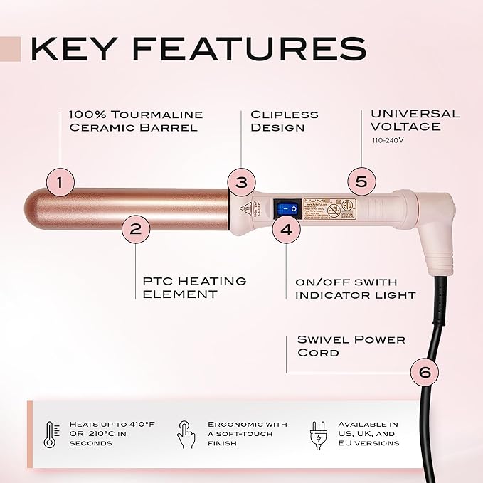 NuMe Classic Ceramic Curling Wand - Tourmaline 1.25 Inch Barrel Hair Curler, Negative Ion Conditioning, Far Infrared Heat - All Hair Types - Blush