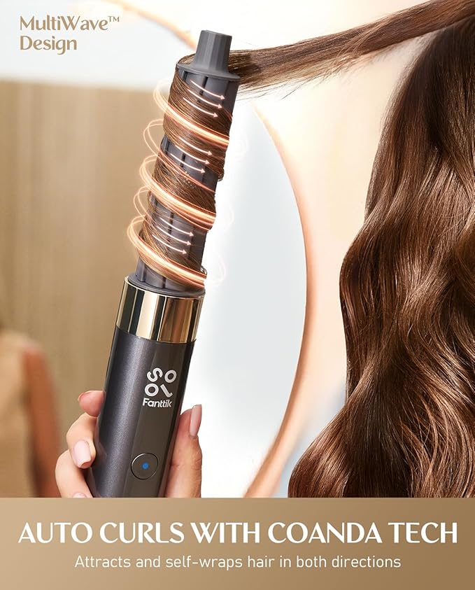 FanttikSolo 6 in 1 AirWave Air Auto Wrap Styler, Ionic Hair Dryer Brush for Curling, Straightening, Volumizing and Drying, Hair Multi-Stylers with Storage Bag, Curlers, Smooth Brush, Concentrator