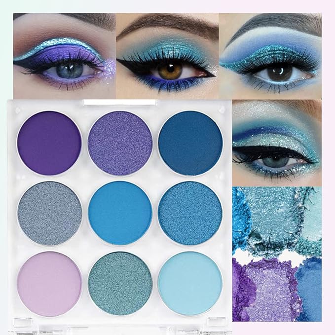 Purple Blue Eyeshadow Palette, Shimmer & Matte Violet Green Powder for Eye Makeup – 9-Color Highly Pigmented Light Dark Blue Pink Shades, Blendable Shiny & Matt