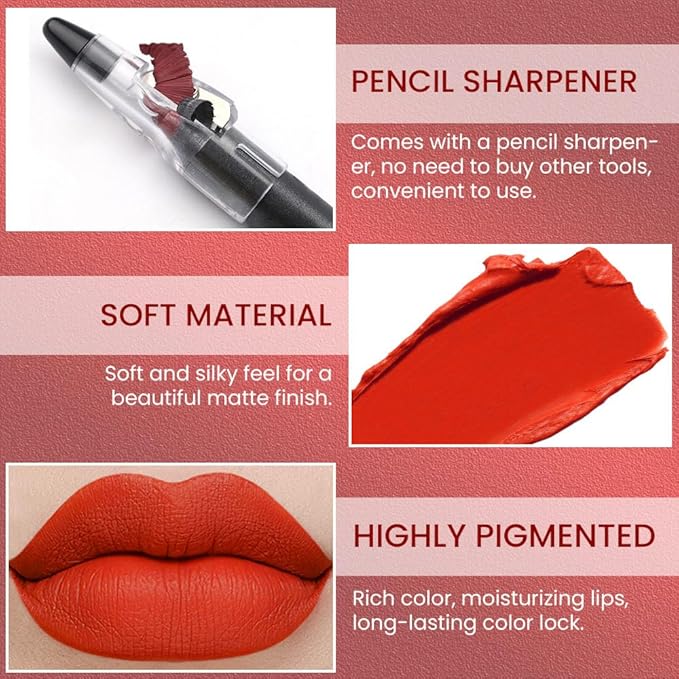 Charm orange Crayon Matte Lipstick Lip Liner Pencil, Moisture Smooth Lipstick Penil, With Pencil Sharpener Sharpenable Lip Pen Ultimate Lip Crayon for Women Easy to Apply Waterproof 05#