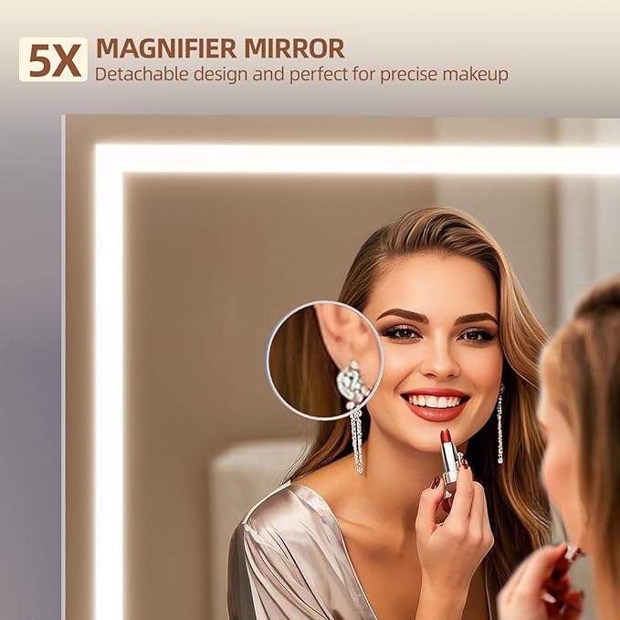 Vanity Mirror with Lights, 23"x 18" Makeup Mirror with 3 Color Modes 5X Magnification & USB/Type-C Charging Port, Large LED Mirror for Bedroom Tabletop & Wall Mounted